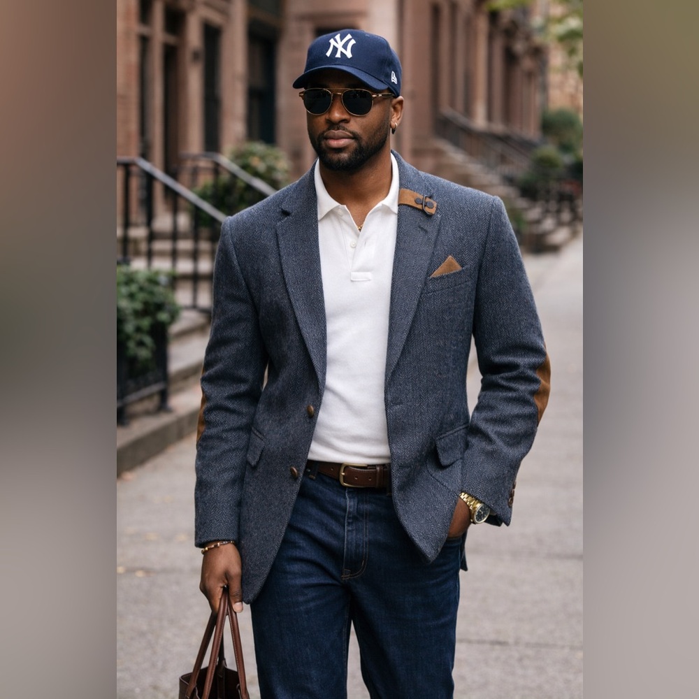 Men's Navy Herringbone Blazer with Brown Suede Accents